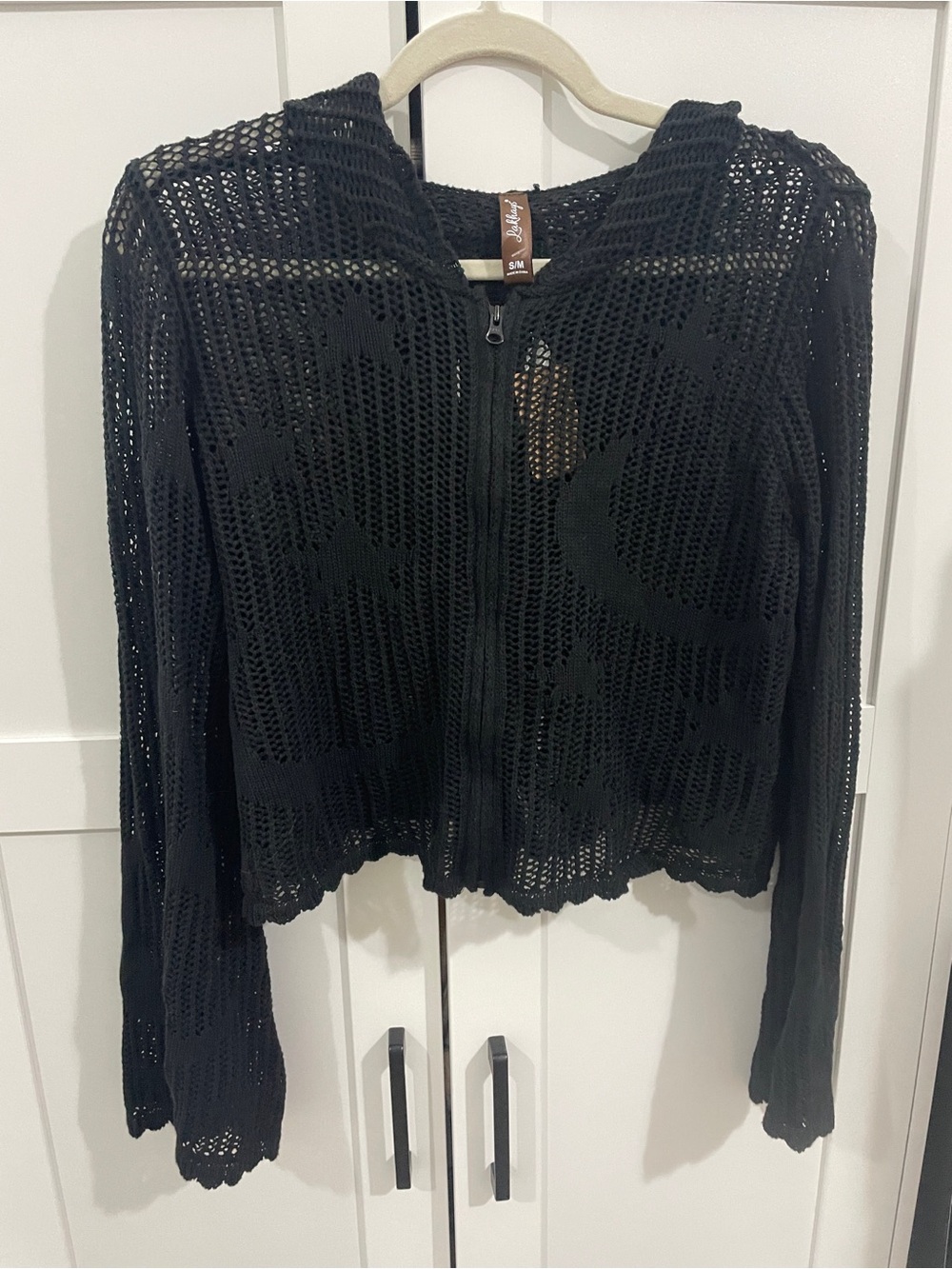 NWT Lakhays Stars & Moon Black Open Knit Zip Hoodie Cardigan S/M